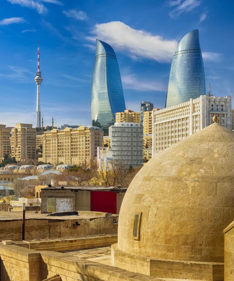 View from old town. Panoramic view of Baku - the capital of Azerbaijan located by the Caspian See shore.